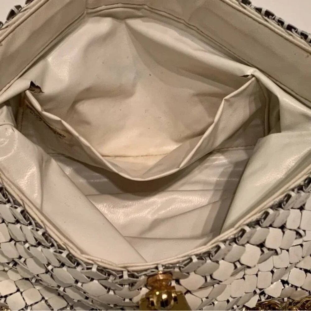 Vintage Whiting & Davis White Metal Mesh Handbag Gold Chain Link Straps 10” - Picture 8 of 12